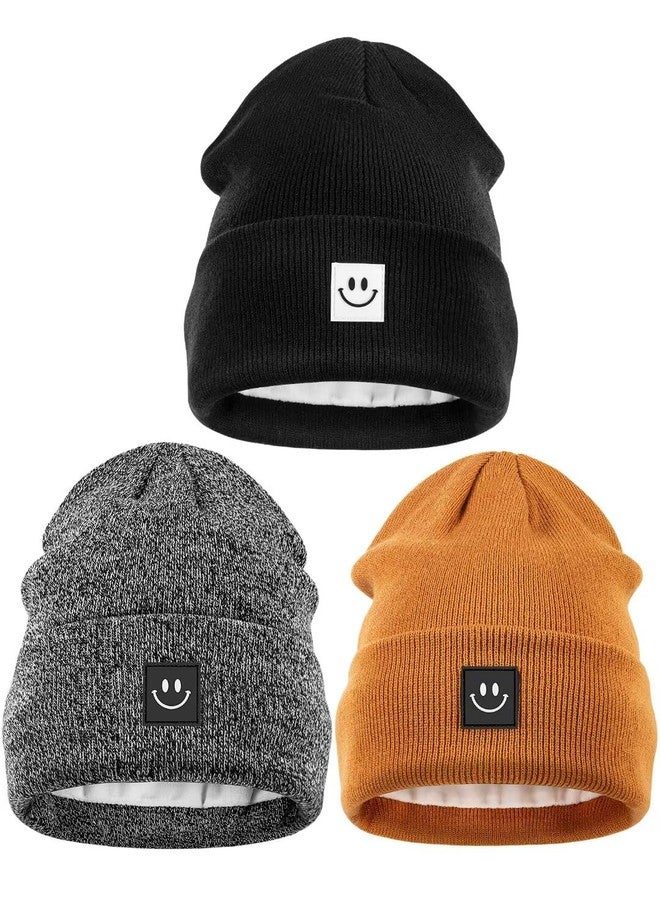 Hispeka Winter Beanie Hats for Women Men 3Pack,Fleece Lined Womens Winter Hats with Smiley Face,Warm Cute Beanie for Cold Weather（Camel+Black+Black/White） - Image 1